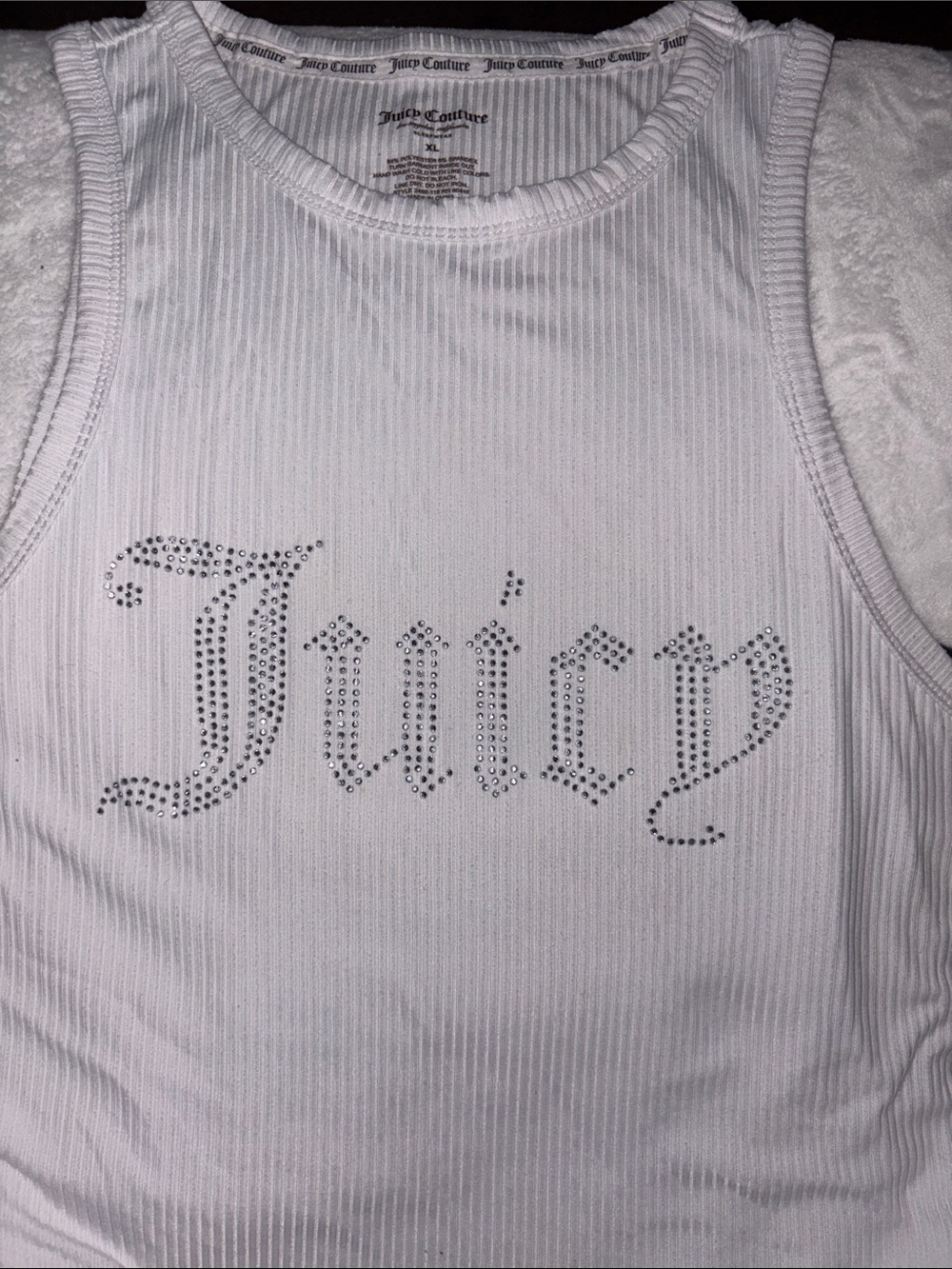 Juicy Couture White Ribbed Tank with Rhinestone 'Juicy' Logo